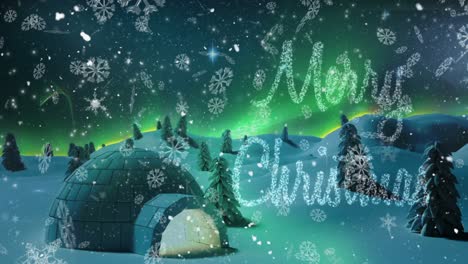 Merry-christmas-and-snowflakes-falling-against-shooting-star-over-igloo-on-winter-landscape