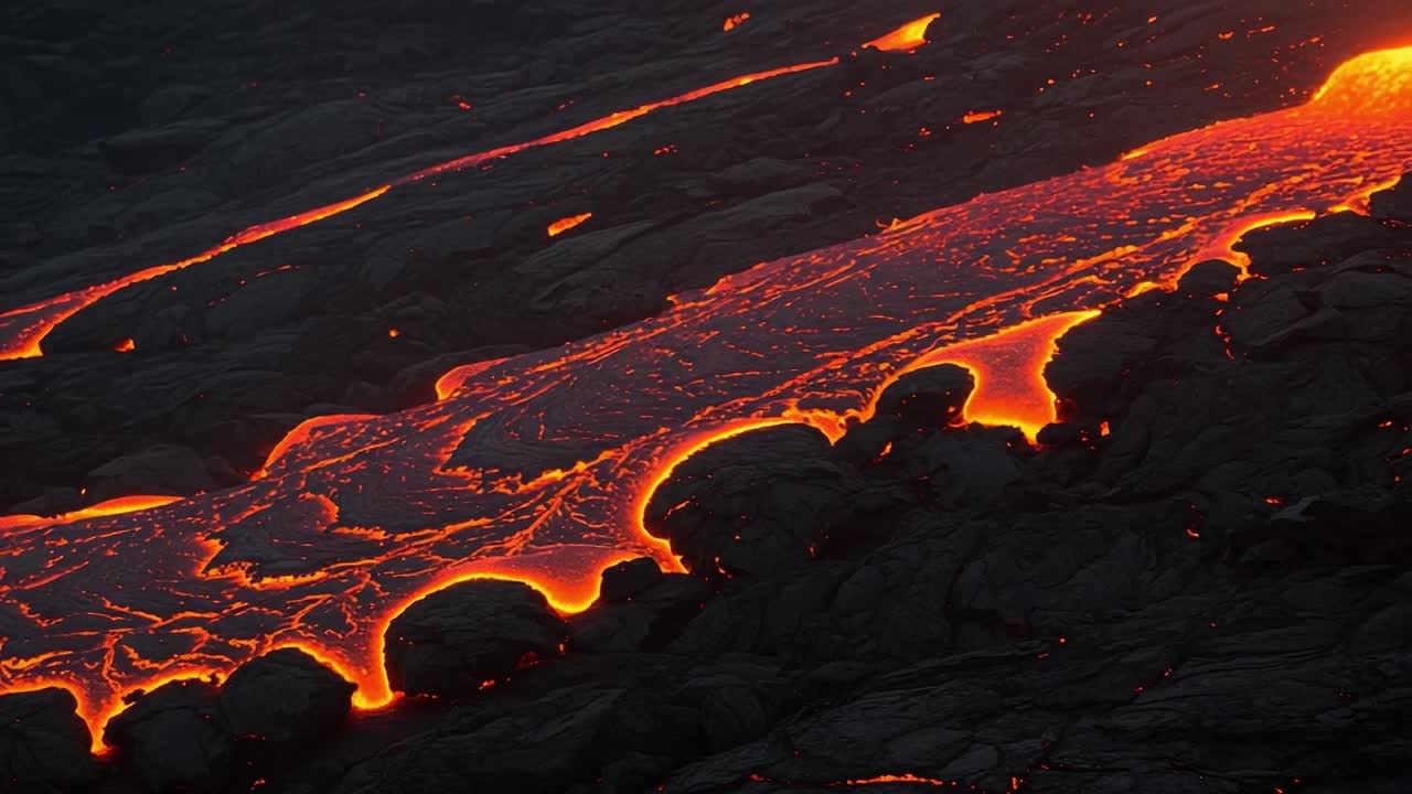 Captivating Flow of Lava: A Mesmerizing Contrast of Hot Magma and Cool Rock in a Volcanic Landscape Showcasing Nature's Raw Power and Beauty