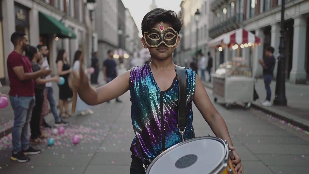 Un batterista cammina a un festival, suonando il rullante con le bacchette per strada, indossando una maschera e un top con paillettes