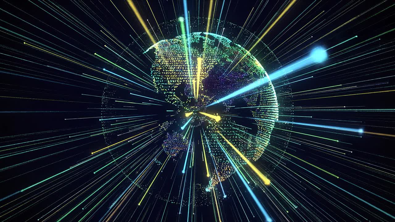 Digitální glóbus se zářivými datovými paprsky a animací globálních síťových propojení.