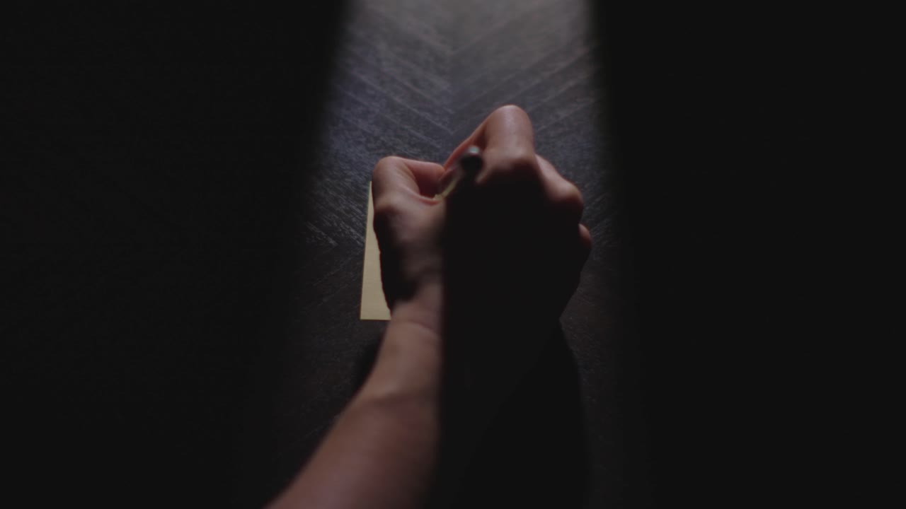 Filmato al rallentatore ravvicinato di una mano che scrive una lista della spesa con latte, uova e burro su un appunto di carta e lo appoggia su un tavolo. Ripresa con illuminazione intensa per un titolo o una transizione.