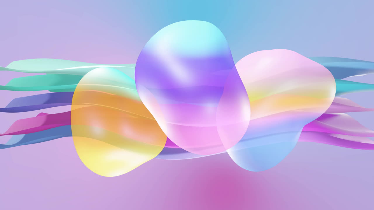 Animation of abstract shapes moving over waving multi coloured background