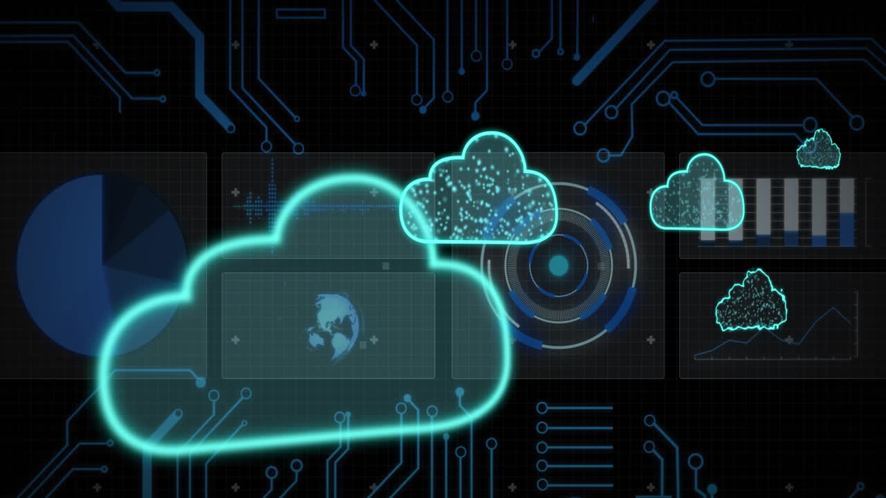 Animation of data processing with cloud icons and scope scanning on black background