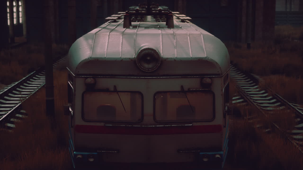 ⁇ 은 기차 창고 에 있는 화물 열차 들 이 녹슬게 남아 있다