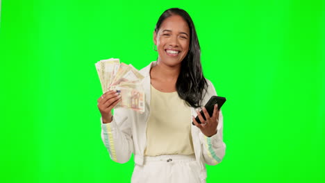 Green-screen,-phone-and-money-of-woman-winning