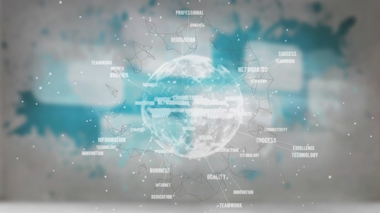 Animation of data processing and globe over blurred background