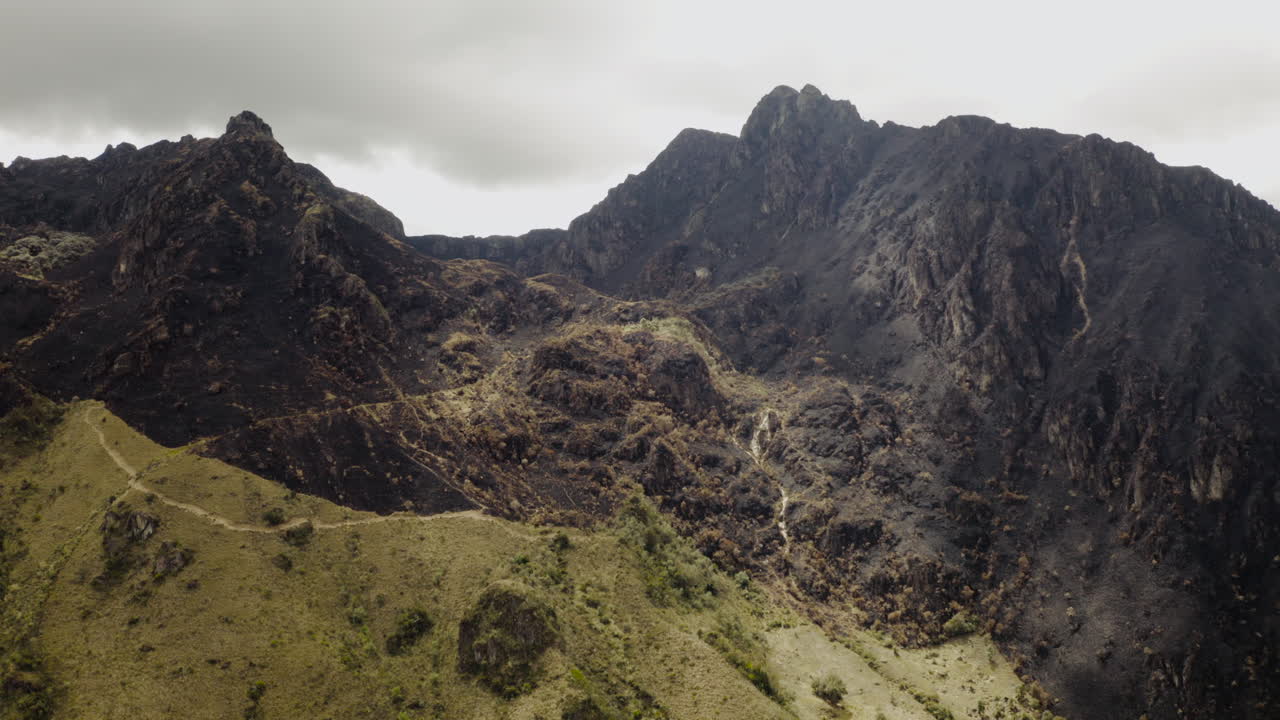 Aerial view, destruction by forest fire, El Cajas National Park, Cuenca Ecuador.