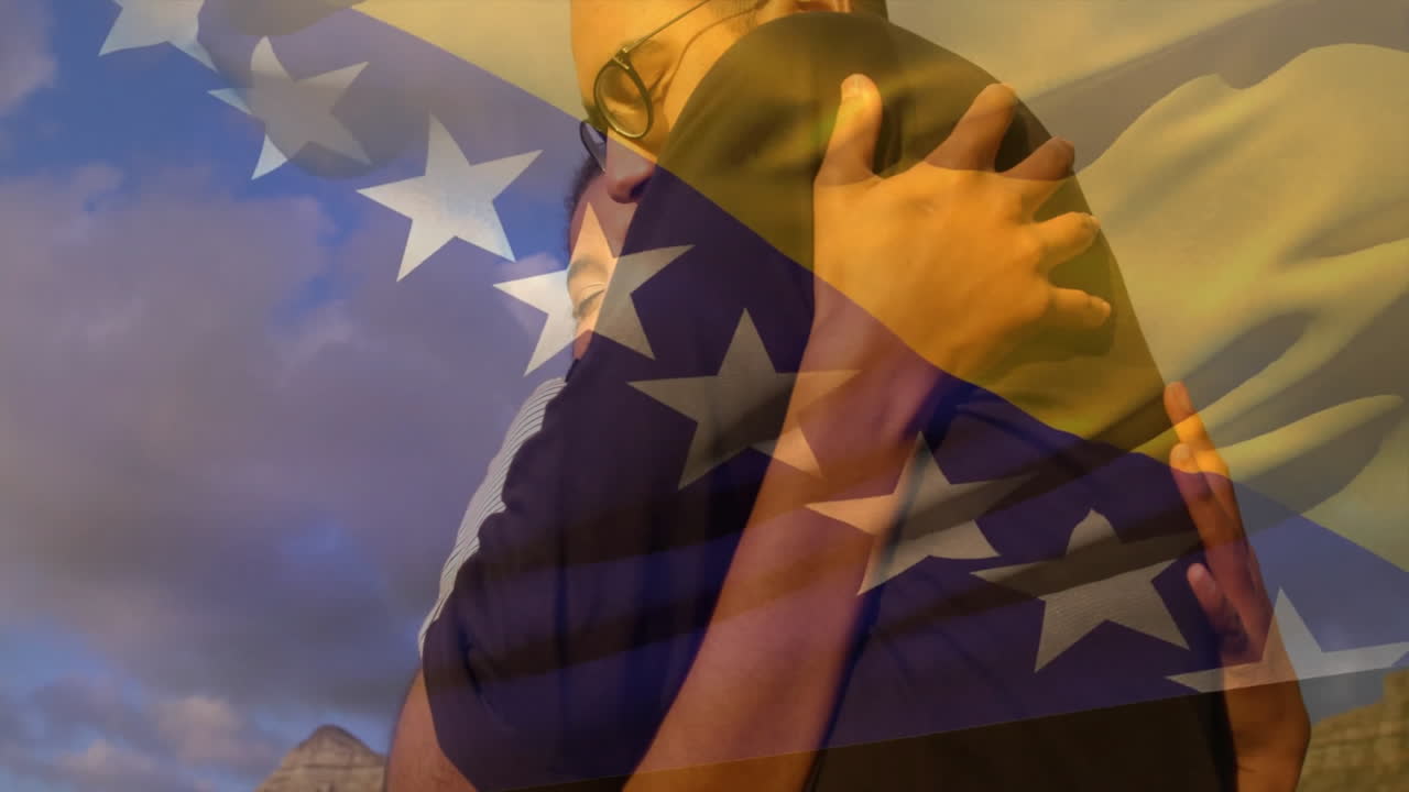 Embracing couple with Bosnia and Herzegovina flag overlay in animated background