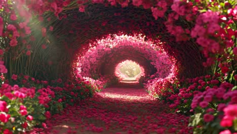 a tunnel of pink flowers in the middle of a garden