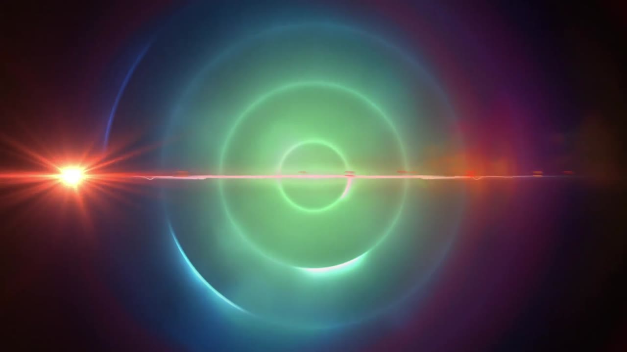 Red spot of light and light trails against green spiral light trails on blue background