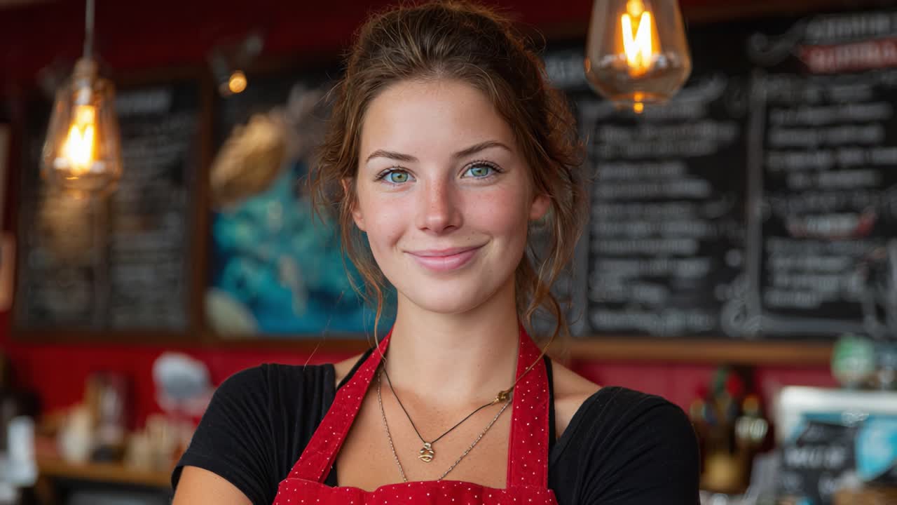 Una giovane barista con un sorriso cordiale che serve in un'accogliente caffetteria, che mostra calore e professionalità in un'atmosfera vivace