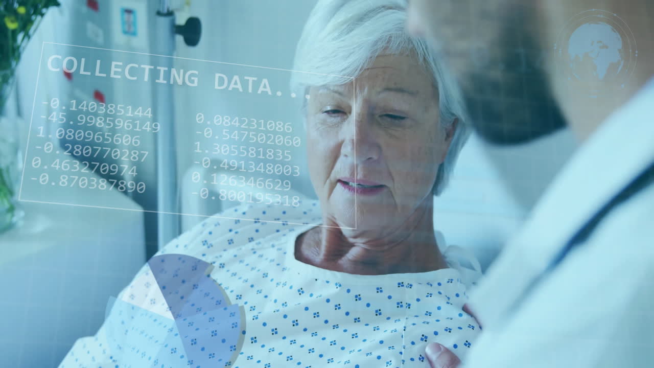 animación de procesamiento de datos y diagramas sobre un médico caucásico hablando con un paciente