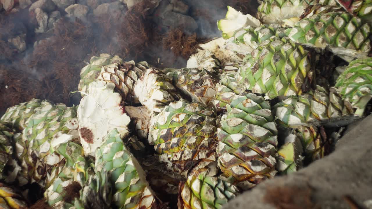 SLOW MOTION SHOT OF AN AGAVE OVEN AT A DISTILLERY IN OAXACA WITH SMOKE