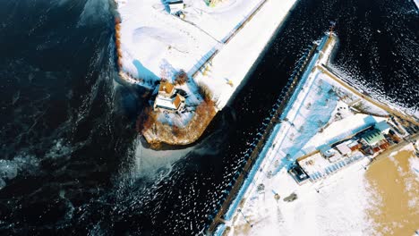 aerial view of port harbour entrance snow covered landscape