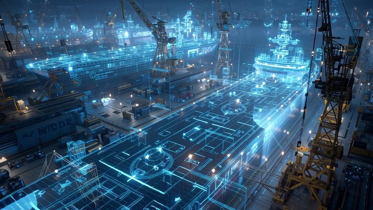 Pembuatan kapal di malam hari dengan hamparan desain holografik 3D.