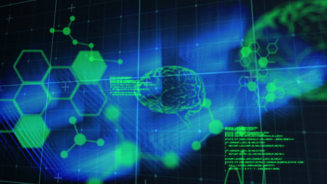 Animation of data processing with molecules and digital brain over light trails on black background