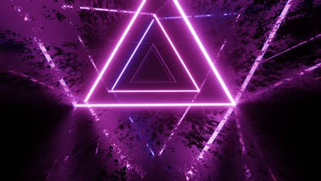 túnel de neón triangular. volar a través del túnel de espejo con patrón de neón, líneas de brillo forman patrón de ciencia ficción. luz de neón de reflexión brillante. fondo brillante simple, estructura de ciencia ficción, animación en bucle de 4k.