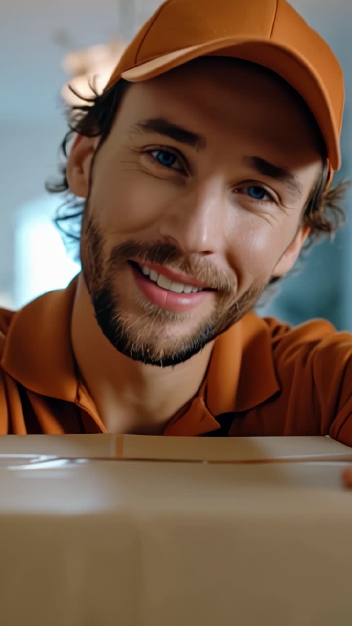 Un corriere sorridente in uniforme arancione che tiene un pacco in un ambiente interno luminoso, emanando vibrazioni amichevoli e professionalità mentre interagisce con la fotocamera.