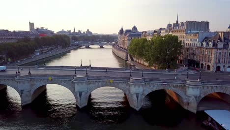 flying drone view on pont neuf moving away