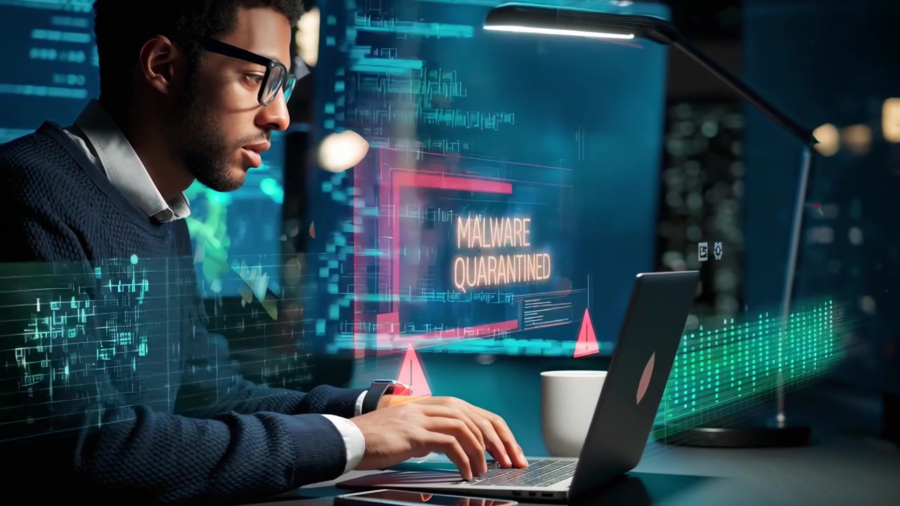 Software Developer Working on Cybersecurity Breach in Dark Office