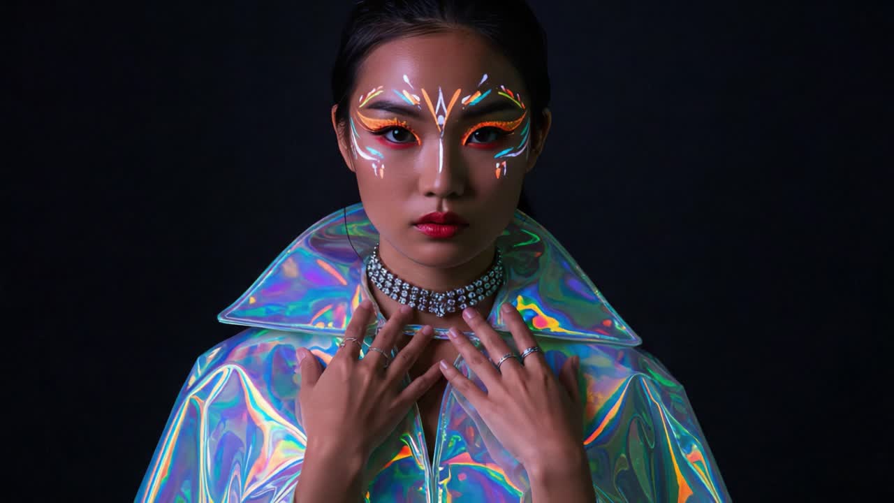 Ritratto accattivante di una modella con sorprendente pittura facciale e moda olografica sotto un'illuminazione drammatica
