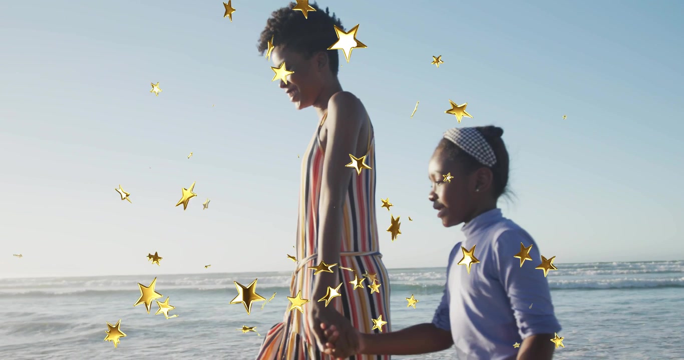 Woman and child holding hands, starting shore walk, bonding travel, gold stars drifting around them