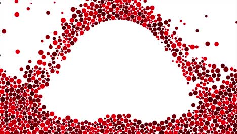 bolas rojas coloridas cayendo y bordeando forma redonda blanca. animación. burbujas de diferentes tamaños o esferas cayendo sobre fondo blanco