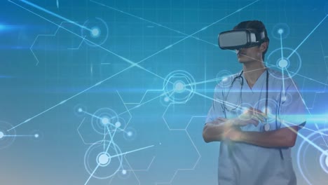 Animación-De-La-Red-De-Conexiones-Y-Procesamiento-De-Datos-Sobre-Un-Médico-Que-Usa-Auriculares-Vr