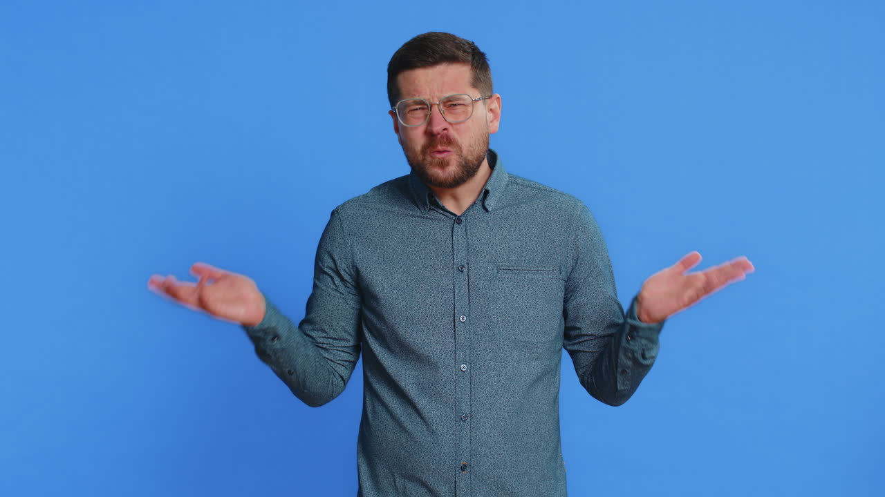 Angry man asking why what reason of failure irritation disbelief by troubles conflict quarrel