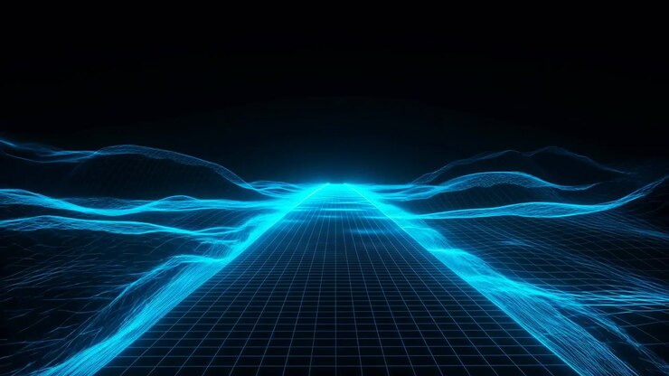 Forme d'onda blu luminose che si innalzano su un piano a griglia, orizzonte tecnologico retrofuturistico, linee di movimento fluide, digitale.