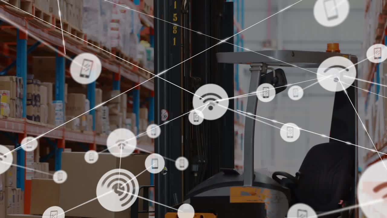 animación de la red de conexiones con iconos sobre el almacén