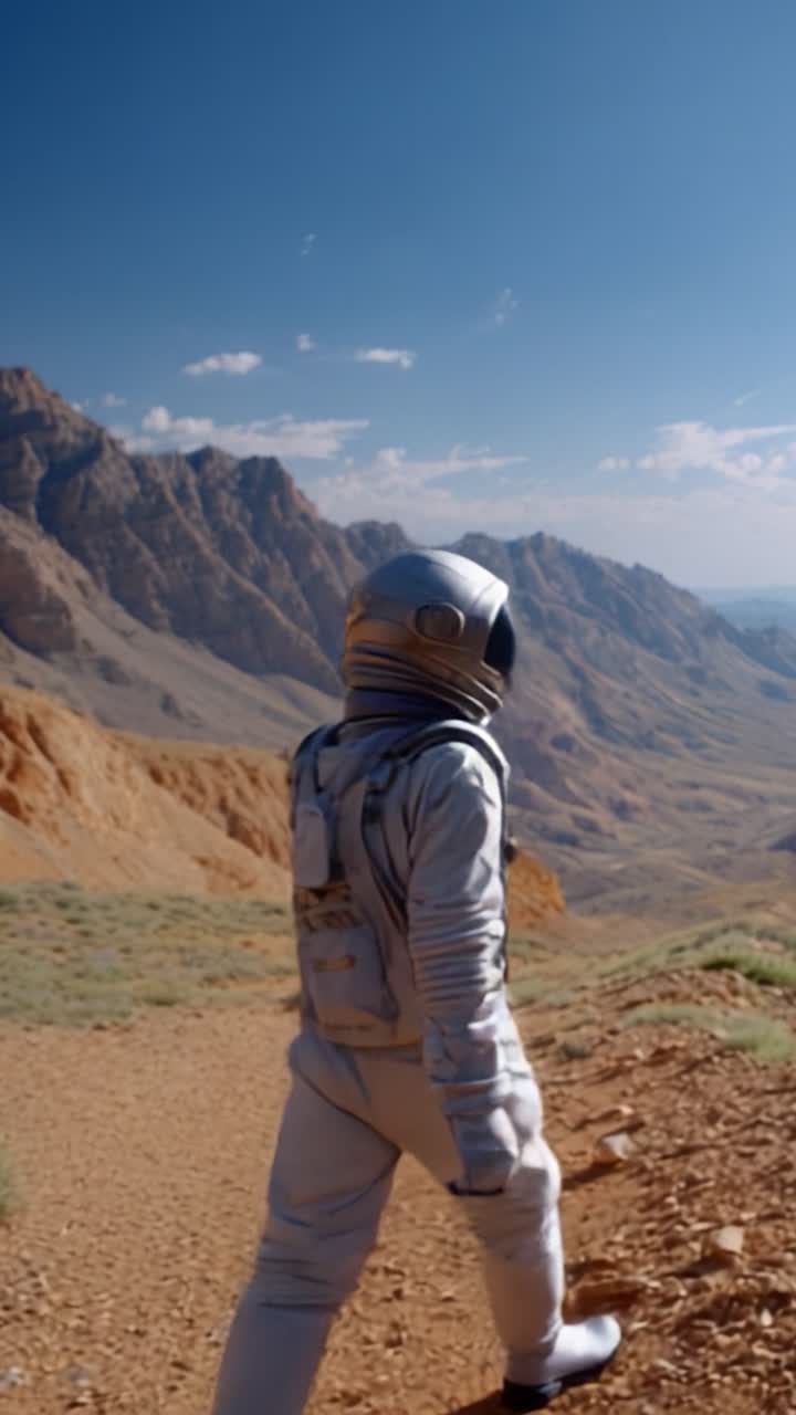 An Astronaut Exploring a Breathtaking Alien Landscape with Majestic Mountains in the Background, Capturing the Essence of Adventure and Discovery in Space Travel