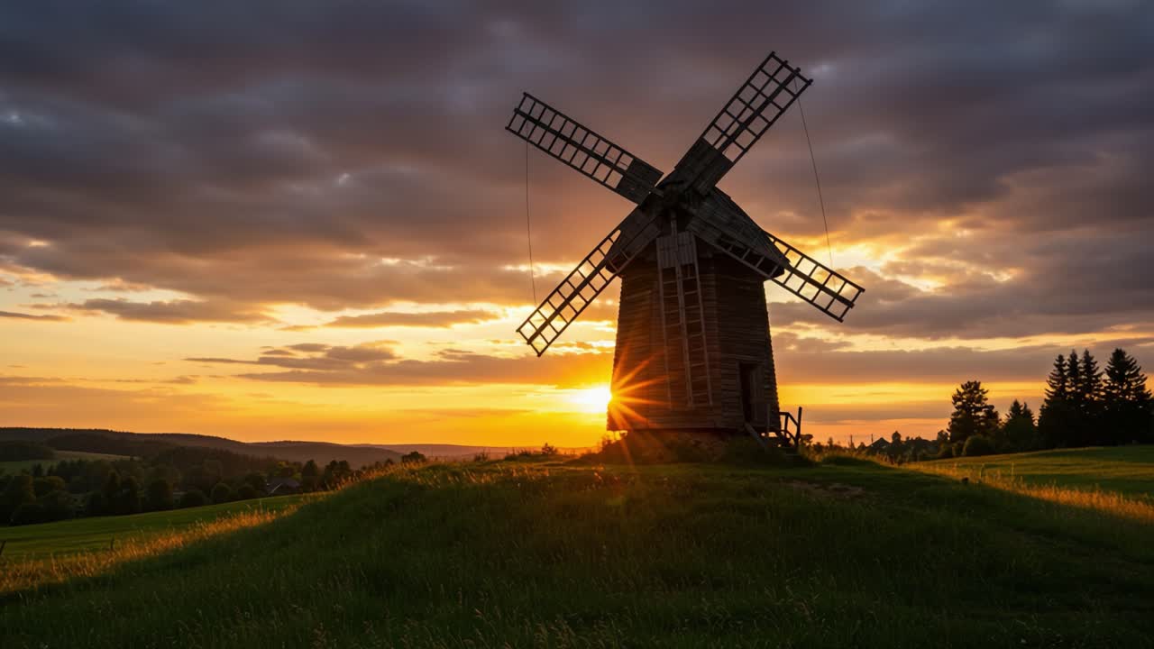 A Stunning Sunset Over a Rustic Windmill: Nature's Beauty Captured in Golden Hour Glowing Light and Majestic Clouds Above the Rolling Hills