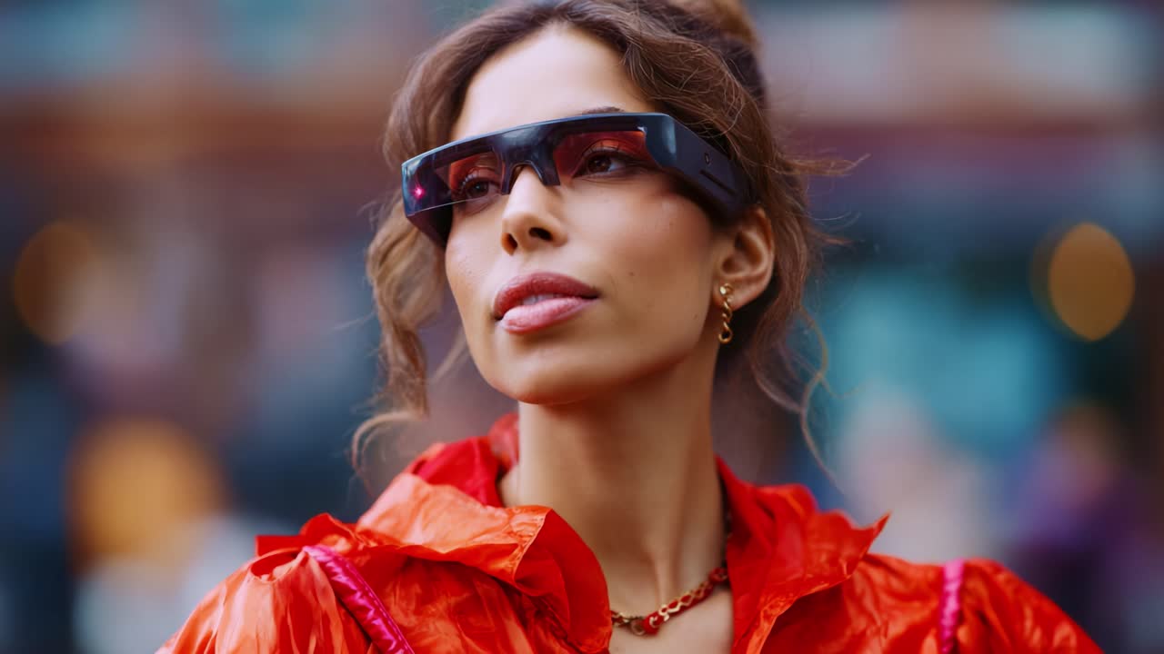 Stylish woman wearing modern sunglasses and a red jacket, exuding confidence and urban fashion in a vibrant setting with blurred background details