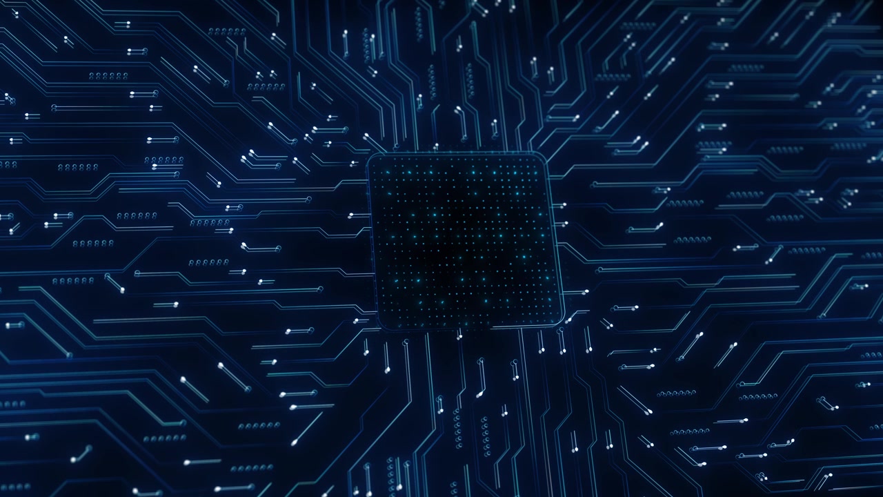 Dark electronic circuit animation with glowing traces central chip area and precise board line