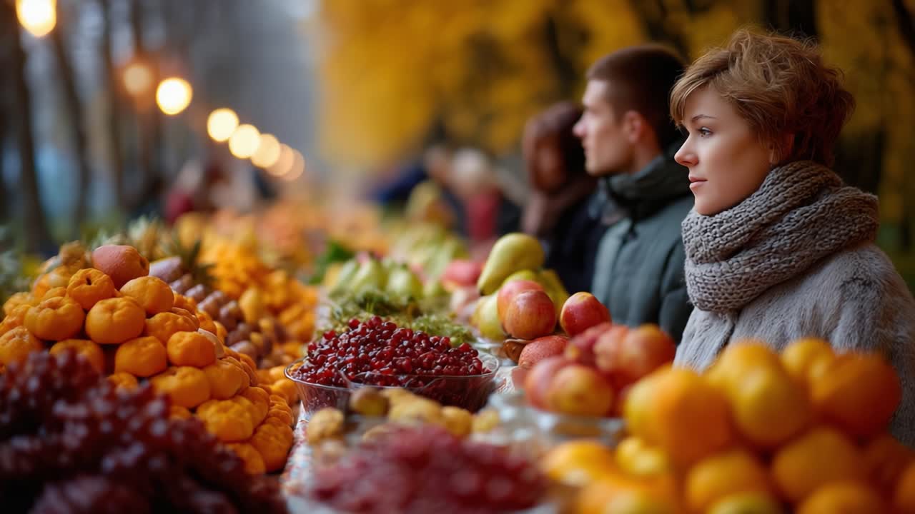 A Lively Autumn Market Scene Showcasing Colorful Fruits and Engaged Shoppers, Highlighting the Vibrancy of Seasonal Produce and Social Interaction in a Beautiful Outdoor Setting