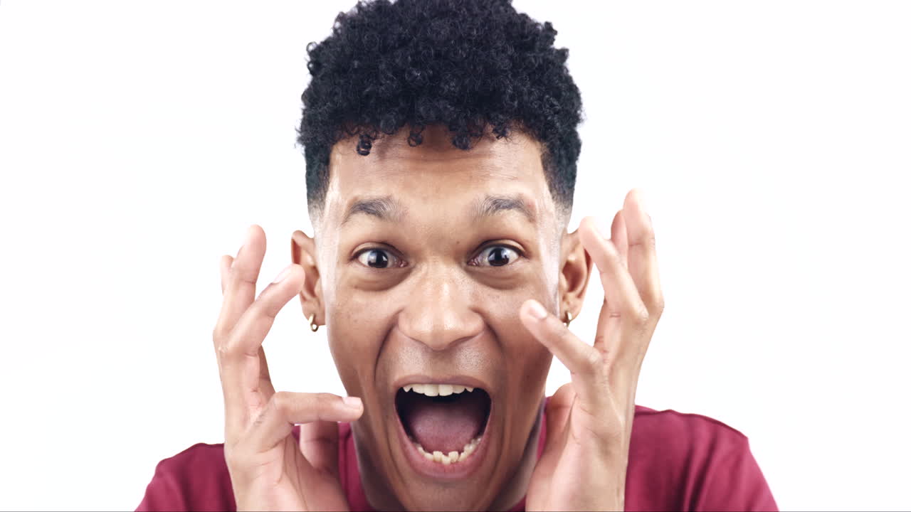 asustado, gritando y cara de hombre en un blanco