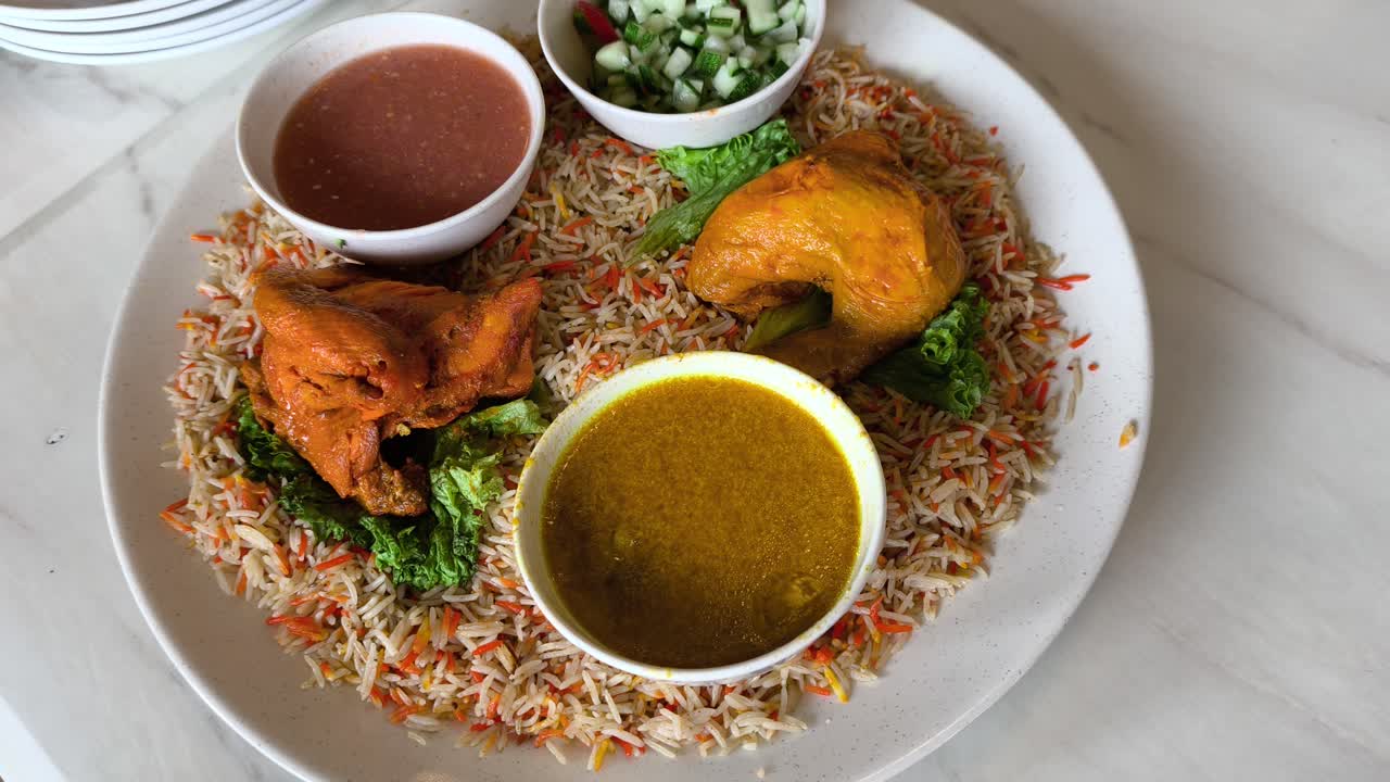 A plate of flavorful Mandi Arabic rice. Mandi is a traditional Arab dish from the Hadhramaut region of Yemen. This delicious meal is perfectly portioned for two people to share