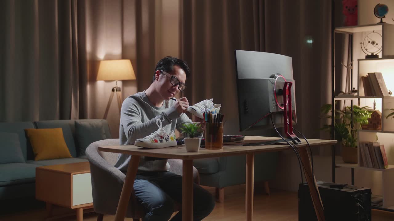 아시아 남성 신발 디자이너가 데스크 컴퓨터를 보고 집에서 스니커에 다채로운 독특한 패턴을 넣고 있습니다.
