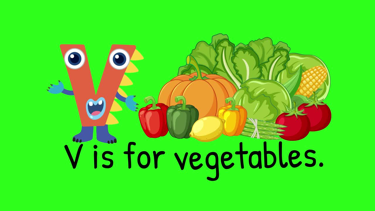 Playful animation of letter V with colorful vegetables on a green background, emphasizing learning and fun