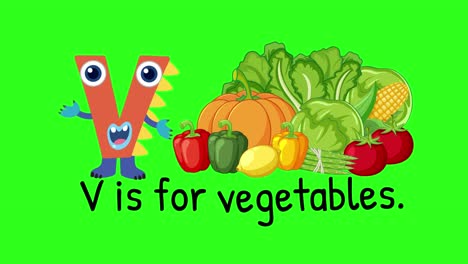 playful animation of letter v with colorful vegetables on a green background, emphasizing learning and fun