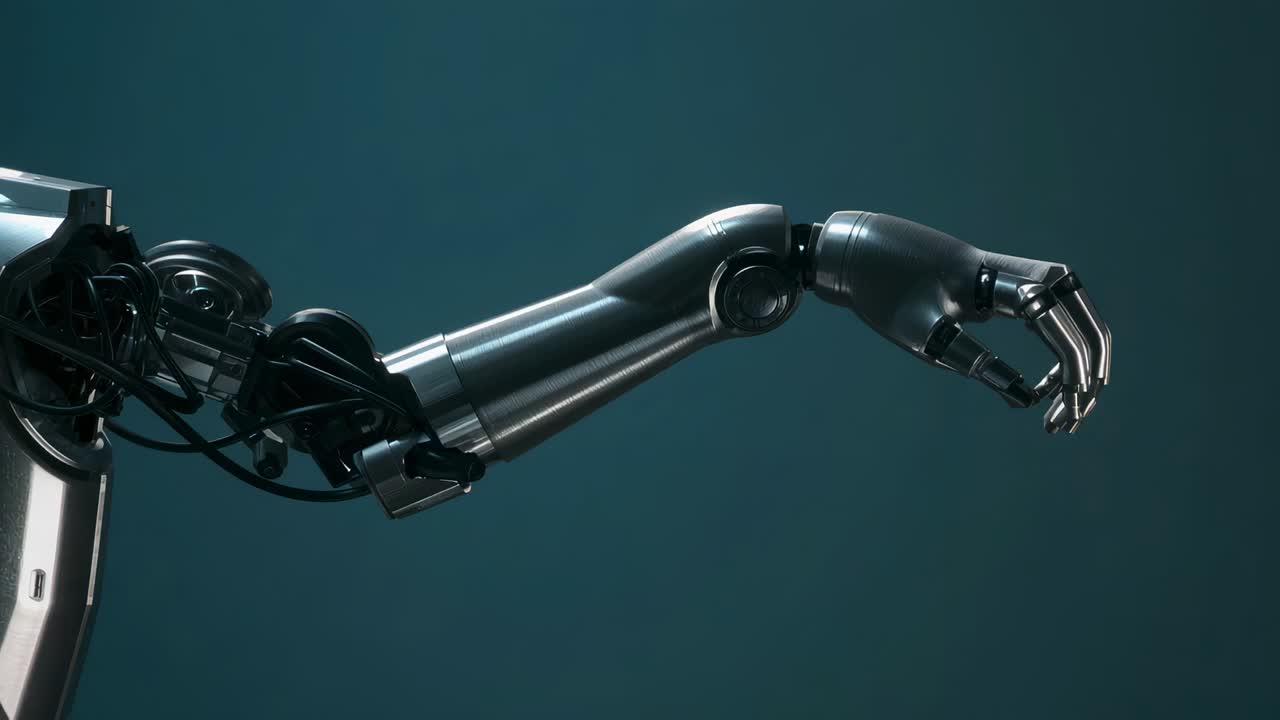 Starting with forearm down metal robotic arm moving joints toward grip in studio, exposed cables