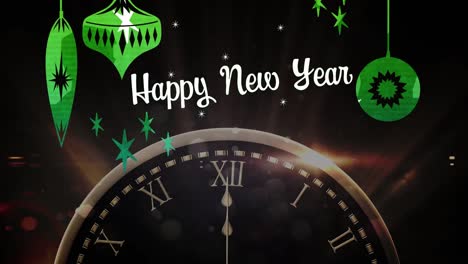 happy new year with ticking clock and fireworks