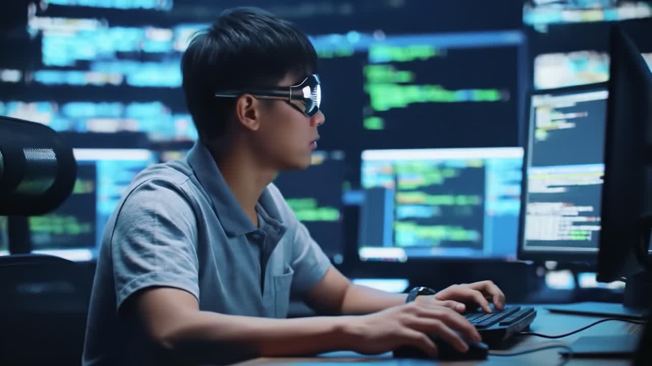 A Focused Individual Engaged in Programming on Multiple Screens with Code Data Displayed in a Modern Tech Environment