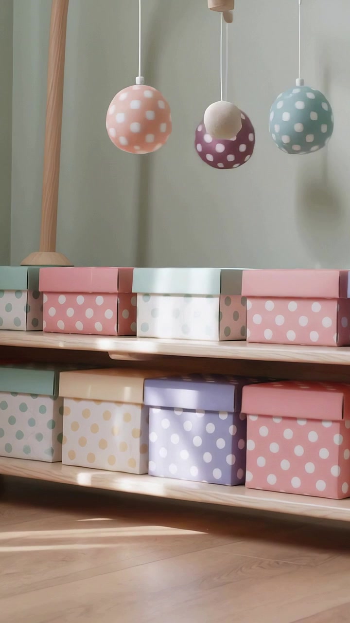 Vertical video: Swaying polka-dot mobile above shelf by window breeze, shifting pastel box shadows
