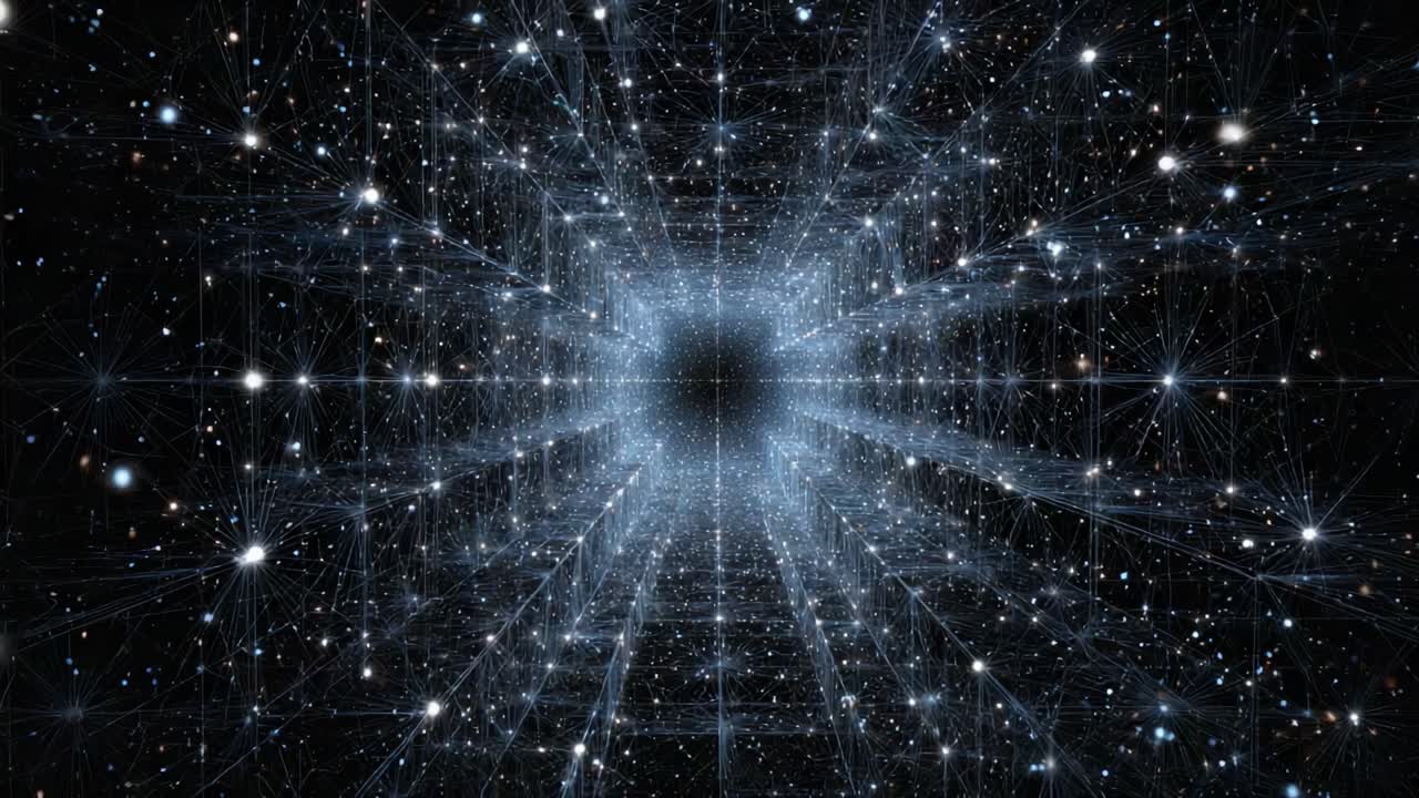 A mesmerizing journey through an endless space filled with shimmering stars and intricate lines, illustrating the vastness of the universe and the beauty of cosmic phenomena