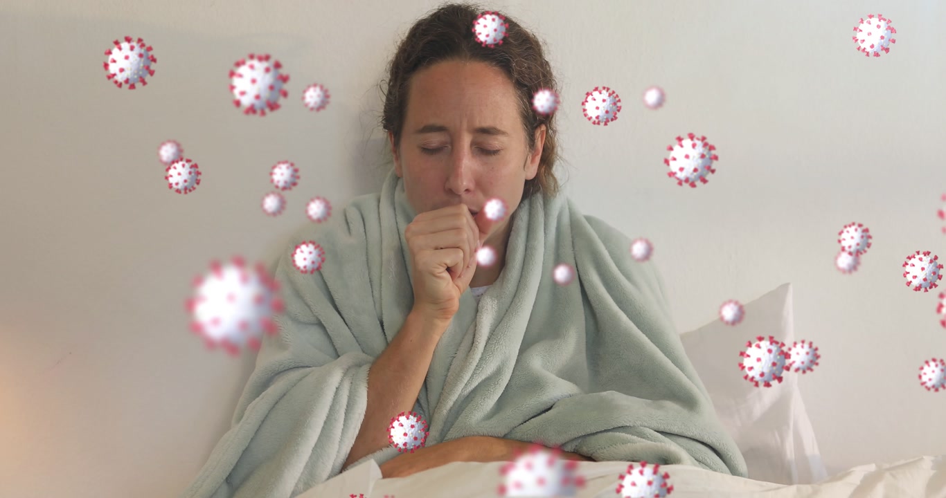 Animation of virus cells over caucasian woman taking pills