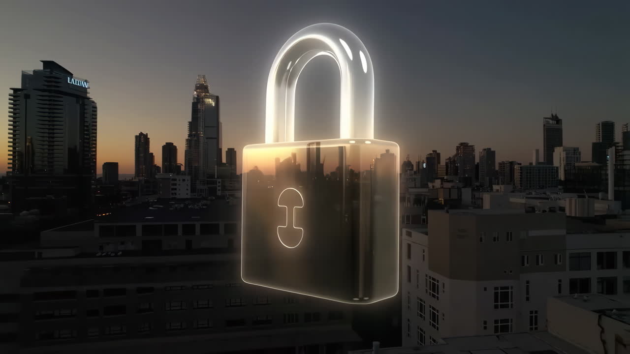Cyber Security Padlock Overlayed on City Skyline at Dusk