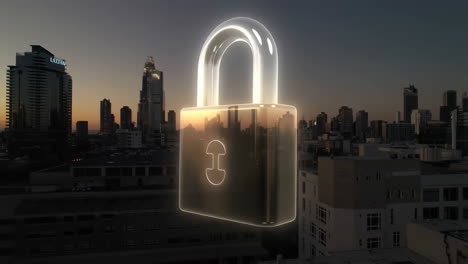 cyber security padlock overlayed on city skyline at dusk