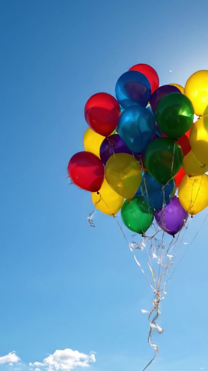 Un vivace gruppo di palloncini colorati contro un cielo azzurro brillante illuminato dal sole, che simboleggia gioia, libertà e celebrazione in ogni sfumatura.